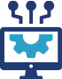 Computer screen with integrated gears and network connections, symbolizing IT solutions and smart technology for small businesses and home tech integration.