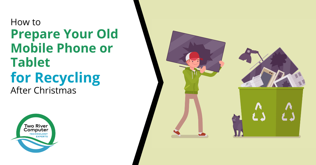 Mobile phone with data backup icons, illustrating recycling preparation from Two River Computer.
